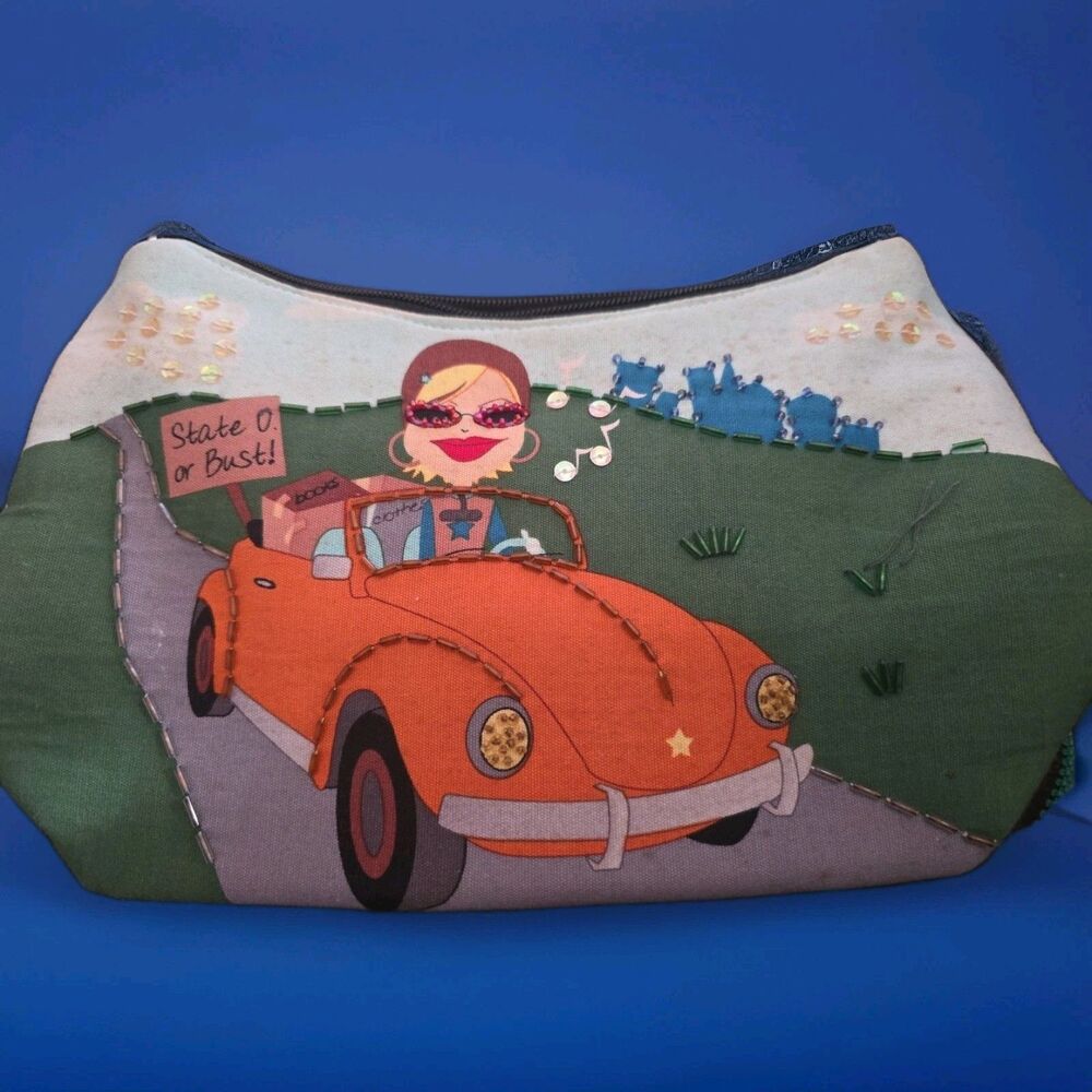 Whimsical Beaded Canvas Handbag - Retro Orange Car